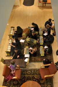 ariel view of gamelan players from above
